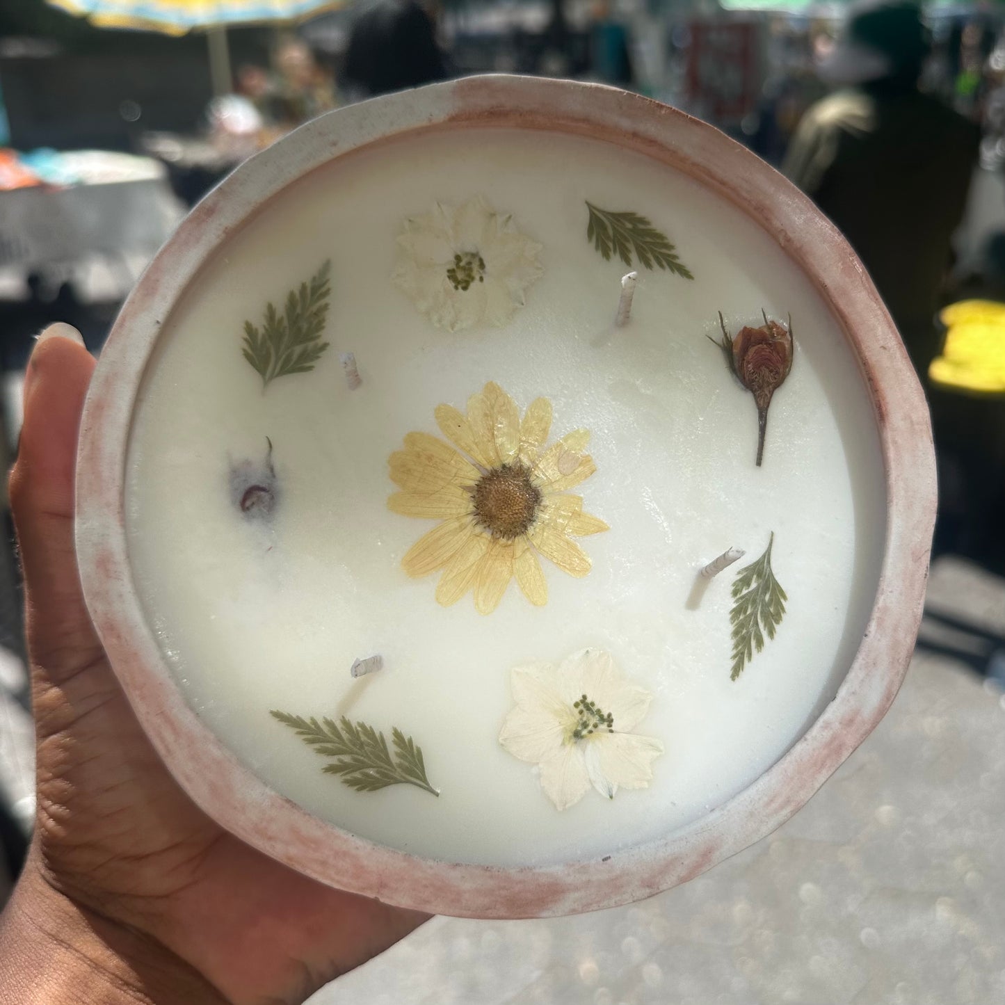 Earthy Orange and White Marble Container 12 Ounce  Candle with Dried Pressed Dried Red Roses, Vintage White Delphinium and Daisy Perennial Flowers