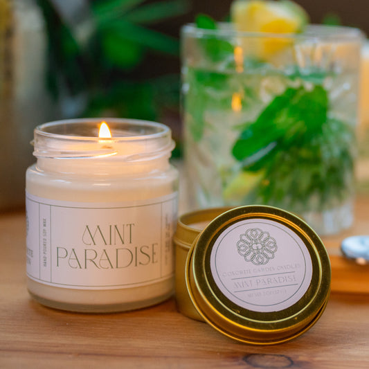 Mint Mojito with Pineapple with two soy wax scented candles on wooden table