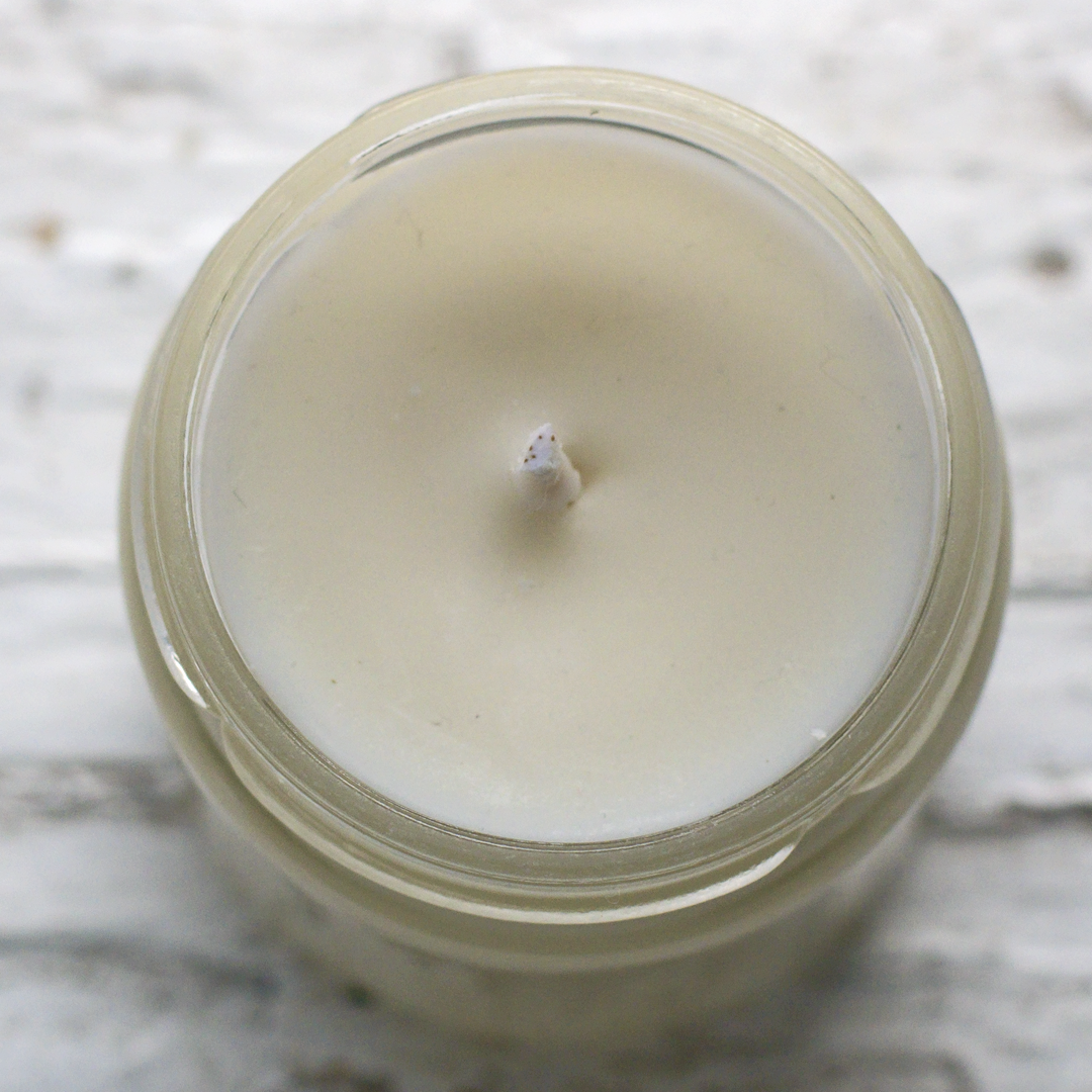 Top of Concrete Garden Fresh Cut, Leather and Cedarwood Soy Candle, with White Background